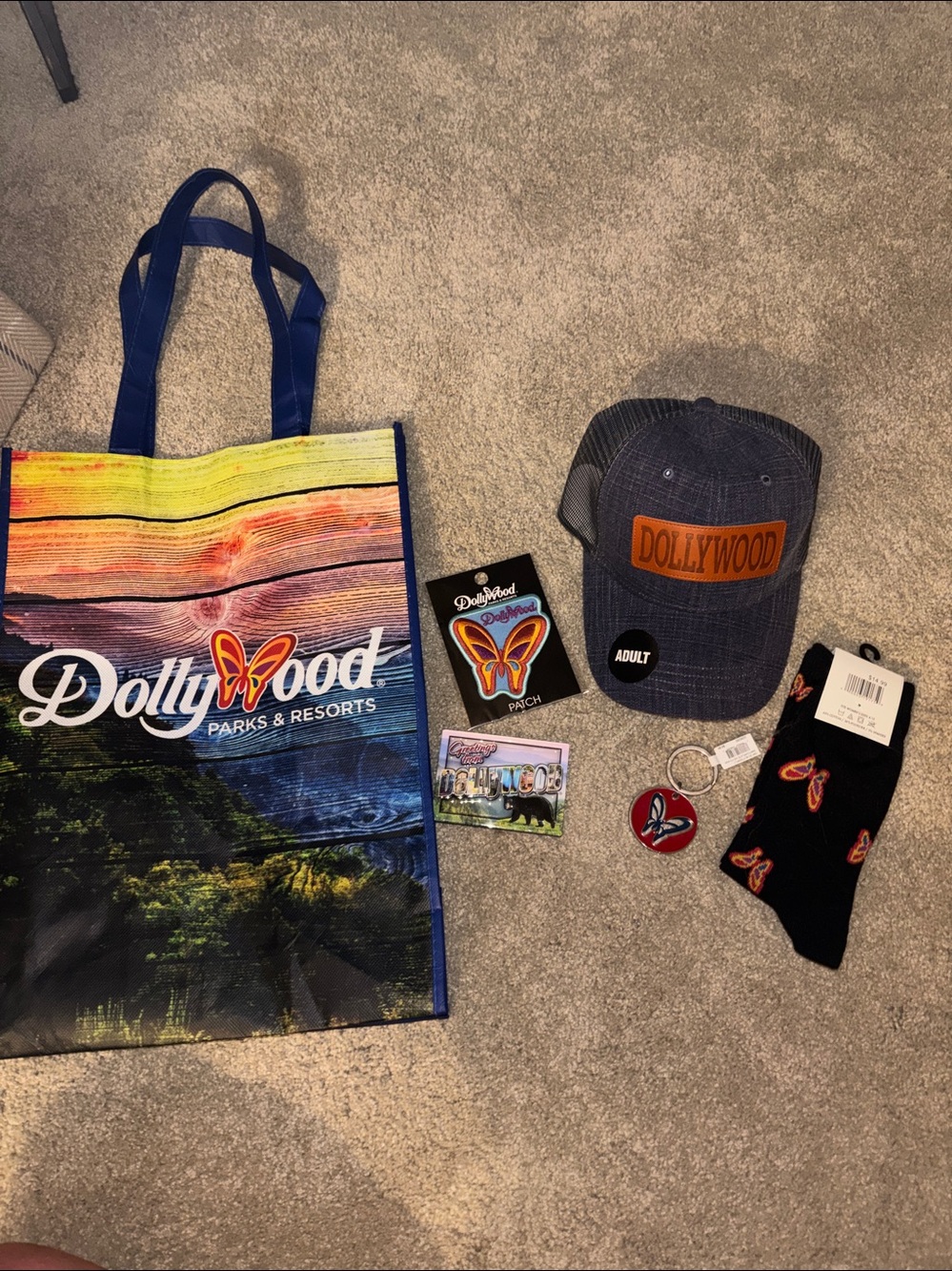 Dollywood Set - Denim Cap, Black Socks, Butterfly Patch, Magnet, Keychain & Bag
